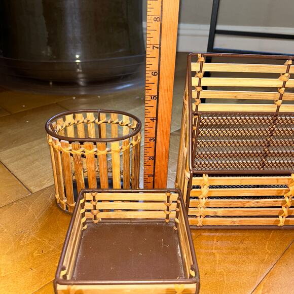 Vintage set of woven bamboo desktop organizers pen cup sticky note mail - Picture 9 of 10